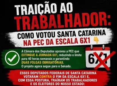 TRAIÇÃO AO TRABALHADOR: COMO VOTOU SANTA CATARINA NA PEC DA ESCALA 6X1 👇