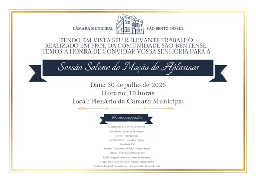 Câmara de São Bento do Sul homenageará 10 entidades com Moção de Aplausos